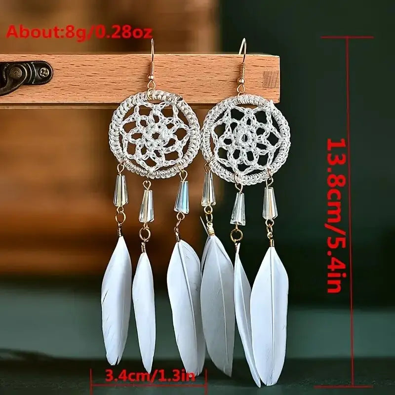 Dreamcatcher Shape Pendant Earrings with Feather Tassel Hook Earrings - Doylestreasures