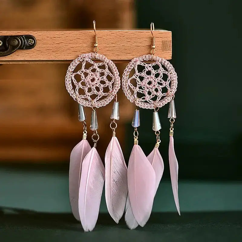 Dreamcatcher Shape Pendant Earrings with Feather Tassel Hook Earrings - Doylestreasures