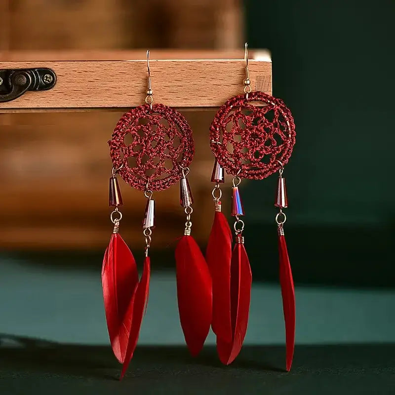 Dreamcatcher Shape Pendant Earrings with Feather Tassel Hook Earrings - Doylestreasures