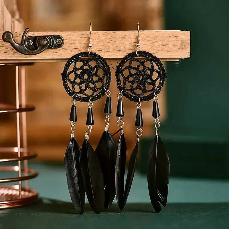 Dreamcatcher Shape Pendant Earrings with Feather Tassel Hook Earrings - Doylestreasures