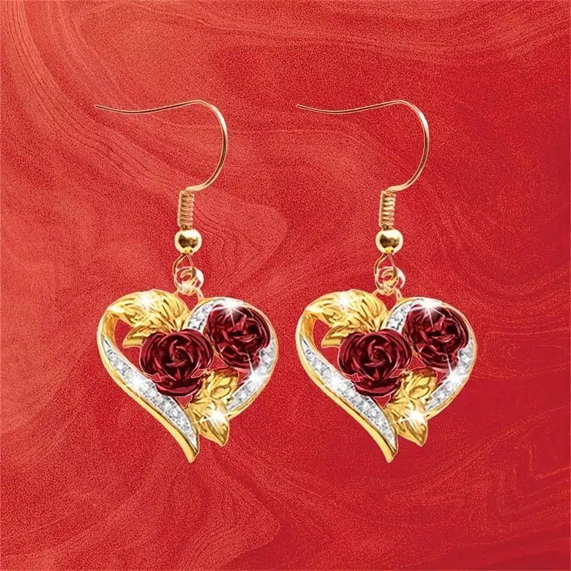 Golden Red Rose Heart Shape Drop Dangle Earrings - Doylestreasures