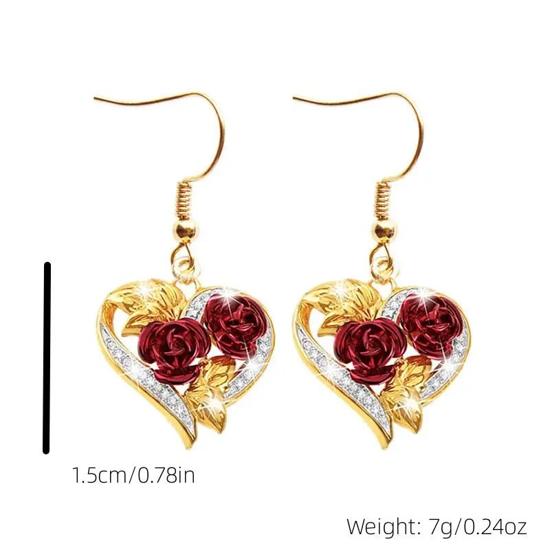 Golden Red Rose Heart Shape Drop Dangle Earrings - Doylestreasures