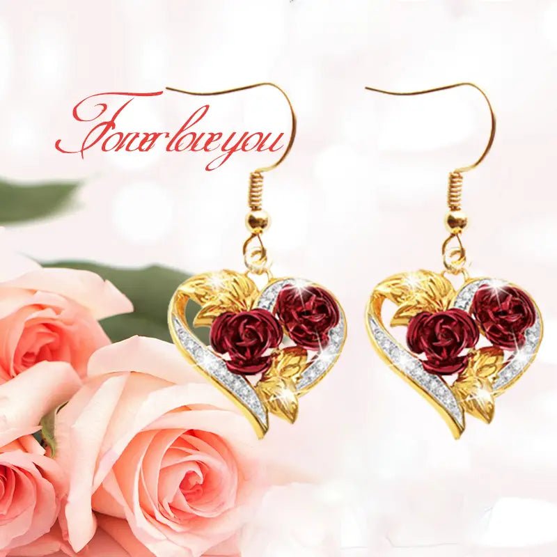 Golden Red Rose Heart Shape Drop Dangle Earrings - Doylestreasures