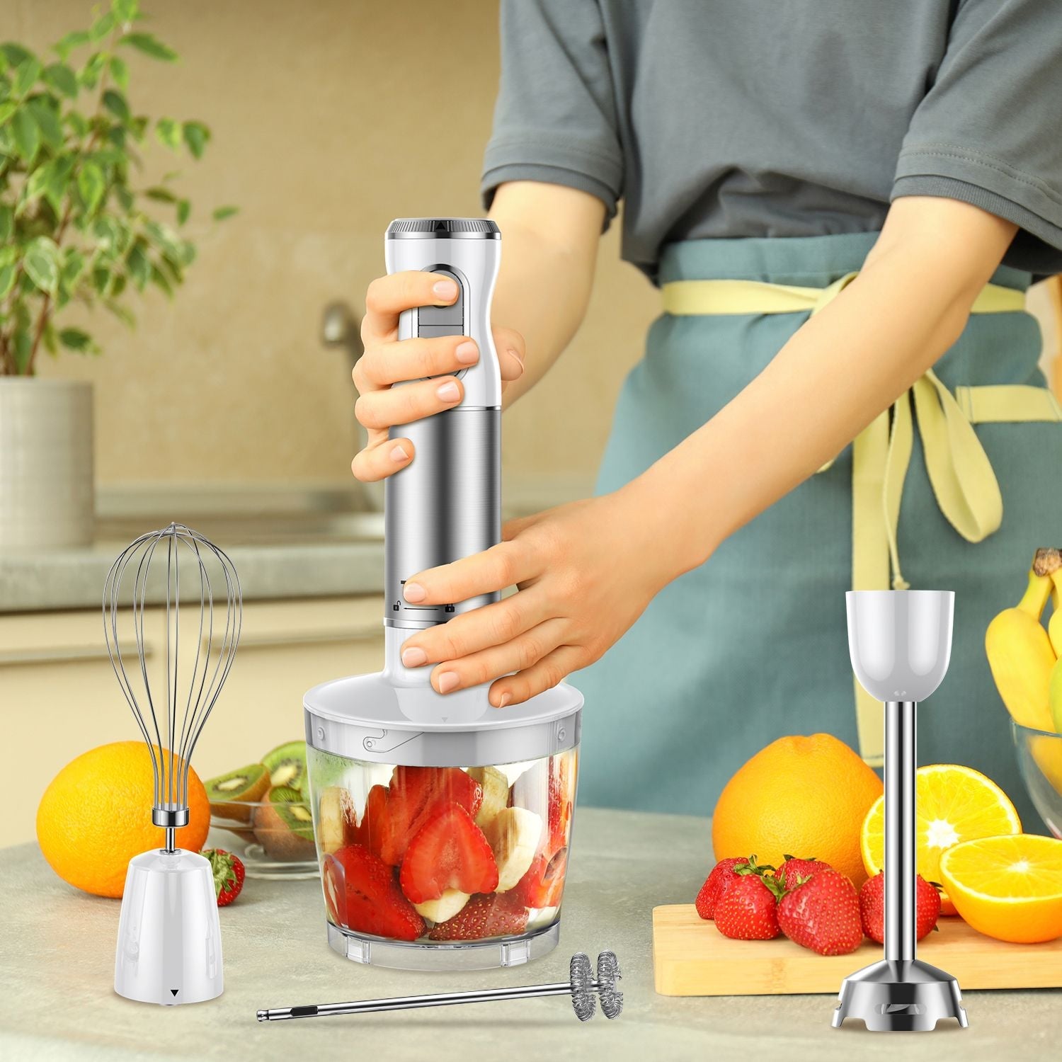 HB - 2016A Hand Blender 5 in 1 white Immersion Blender Set, 30 - Speed Hand Stick Blender with 600ml Beaker, 500ml Food Processor, Egg Whisk, Milk Frother, White,TENKER - Doylestreasures