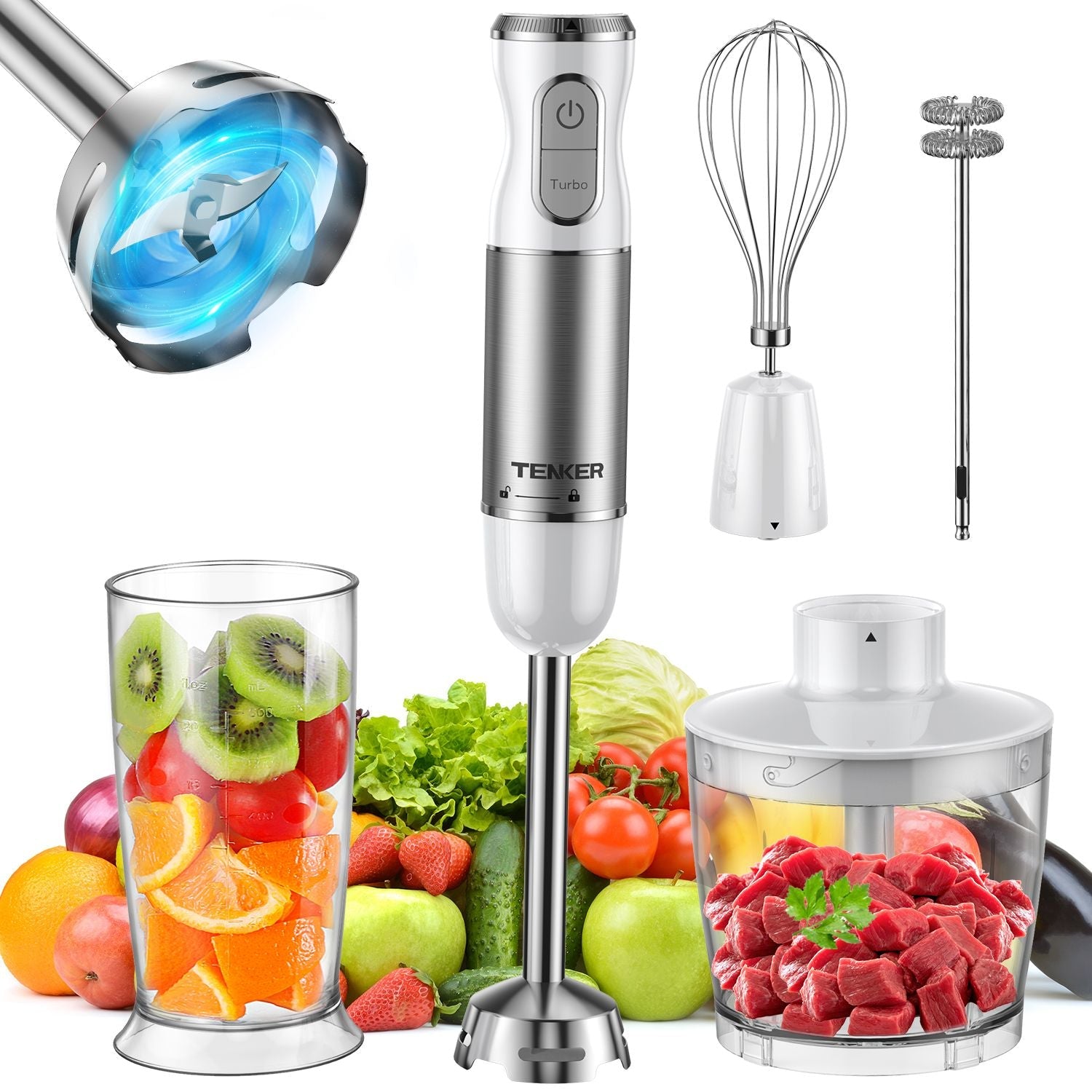 HB - 2016A Hand Blender 5 in 1 white Immersion Blender Set, 30 - Speed Hand Stick Blender with 600ml Beaker, 500ml Food Processor, Egg Whisk, Milk Frother, White,TENKER - Doylestreasures