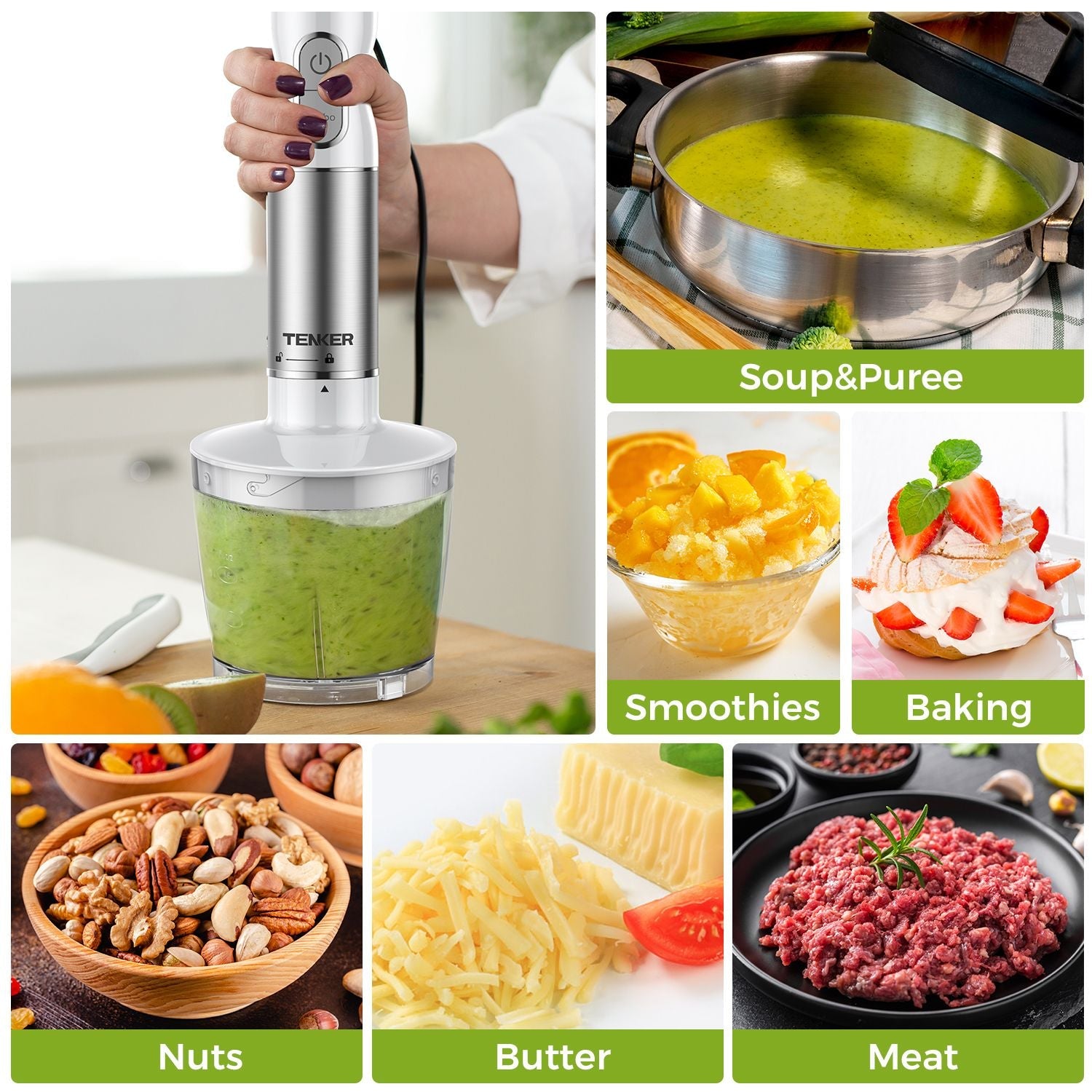 HB - 2016A Hand Blender 5 in 1 white Immersion Blender Set, 30 - Speed Hand Stick Blender with 600ml Beaker, 500ml Food Processor, Egg Whisk, Milk Frother, White,TENKER - Doylestreasures