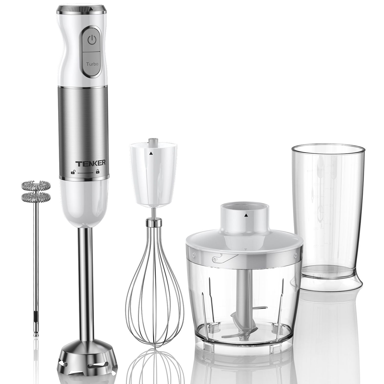 HB - 2016A Hand Blender 5 in 1 white Immersion Blender Set, 30 - Speed Hand Stick Blender with 600ml Beaker, 500ml Food Processor, Egg Whisk, Milk Frother, White,TENKER - Doylestreasures