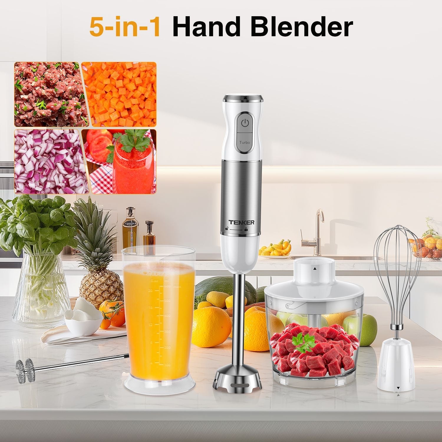 HB - 2016A Hand Blender 5 in 1 white Immersion Blender Set, 30 - Speed Hand Stick Blender with 600ml Beaker, 500ml Food Processor, Egg Whisk, Milk Frother, White,TENKER - Doylestreasures
