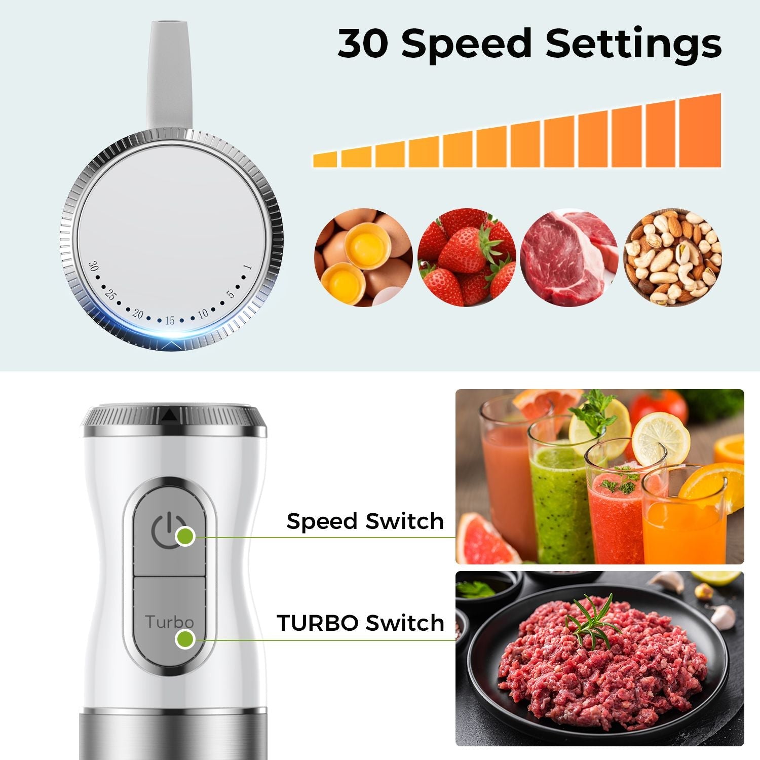 HB - 2016A Hand Blender 5 in 1 white Immersion Blender Set, 30 - Speed Hand Stick Blender with 600ml Beaker, 500ml Food Processor, Egg Whisk, Milk Frother, White,TENKER - Doylestreasures