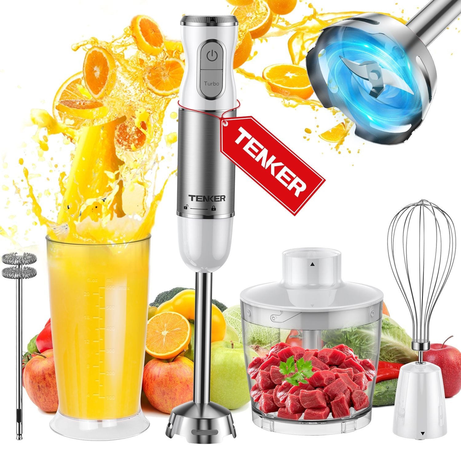 HB - 2016A Hand Blender 5 in 1 white Immersion Blender Set, 30 - Speed Hand Stick Blender with 600ml Beaker, 500ml Food Processor, Egg Whisk, Milk Frother, White,TENKER - Doylestreasures