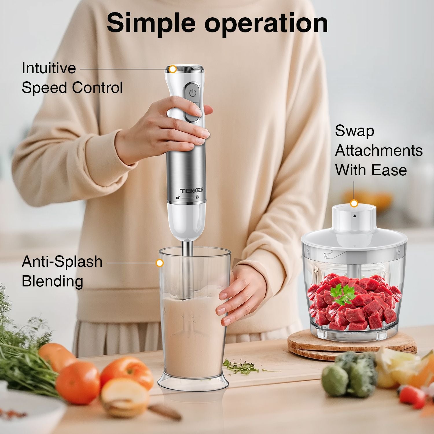 HB - 2016A Hand Blender 5 in 1 white Immersion Blender Set, 30 - Speed Hand Stick Blender with 600ml Beaker, 500ml Food Processor, Egg Whisk, Milk Frother, White,TENKER - Doylestreasures