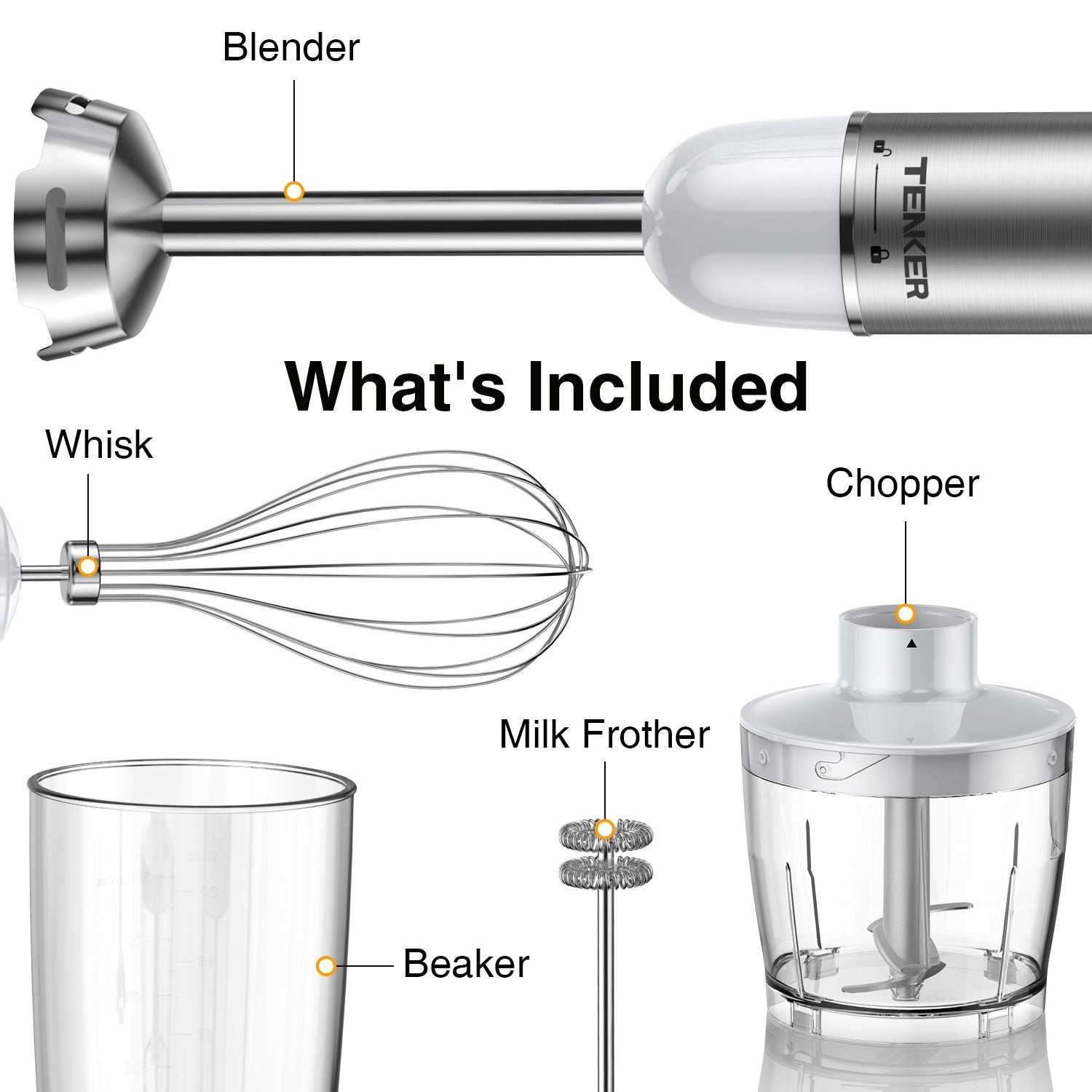 HB - 2016A Hand Blender 5 in 1 white Immersion Blender Set, 30 - Speed Hand Stick Blender with 600ml Beaker, 500ml Food Processor, Egg Whisk, Milk Frother, White,TENKER - Doylestreasures