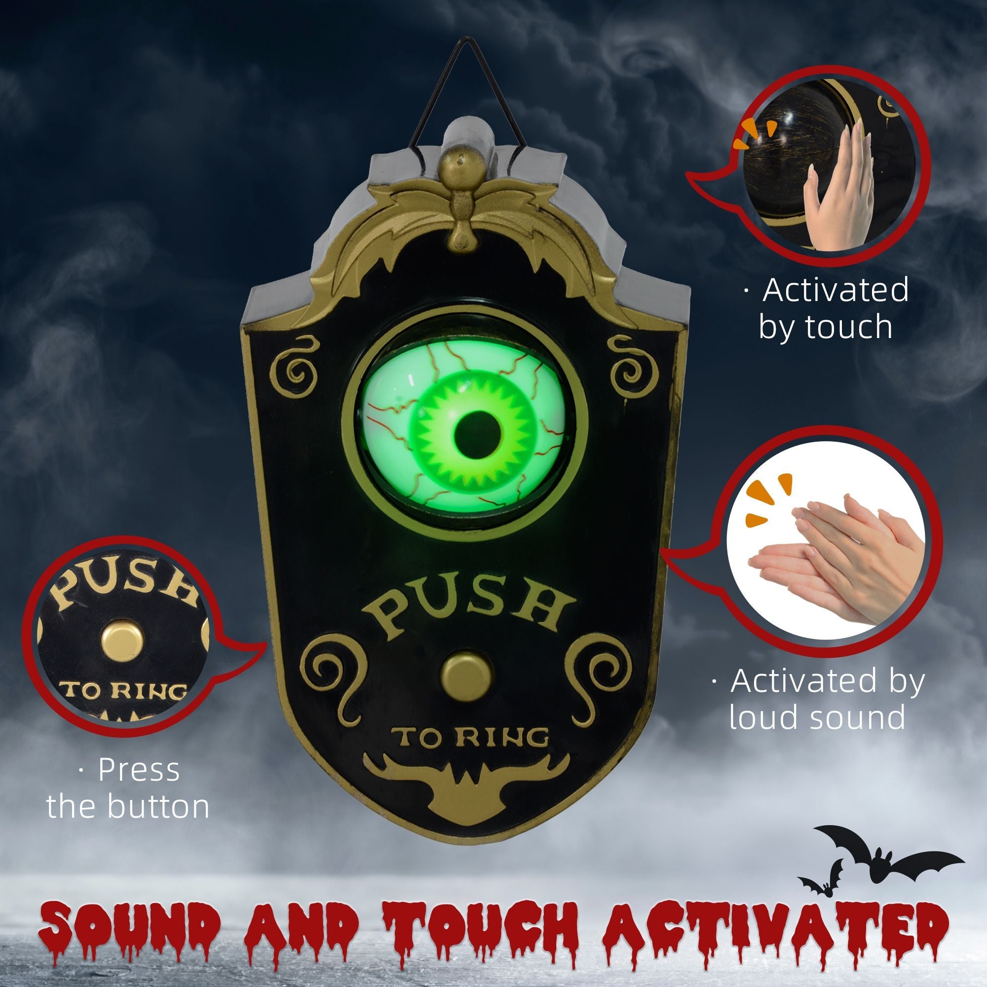 HOMCOM 7.1" Doorbell w/ Simulation Light - up Eyeball, Halloween Decoration Animatronic, Sound and Motion Activated for Party - Doylestreasures