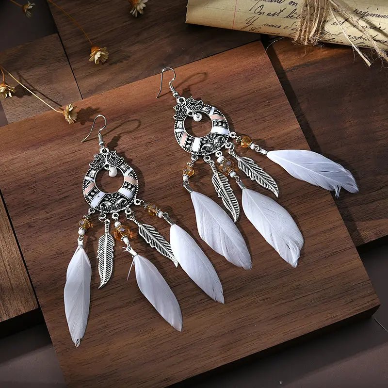 Handmade Long Blue Feather Dangle Clip-On Earrings - Silver Plated - UK Made