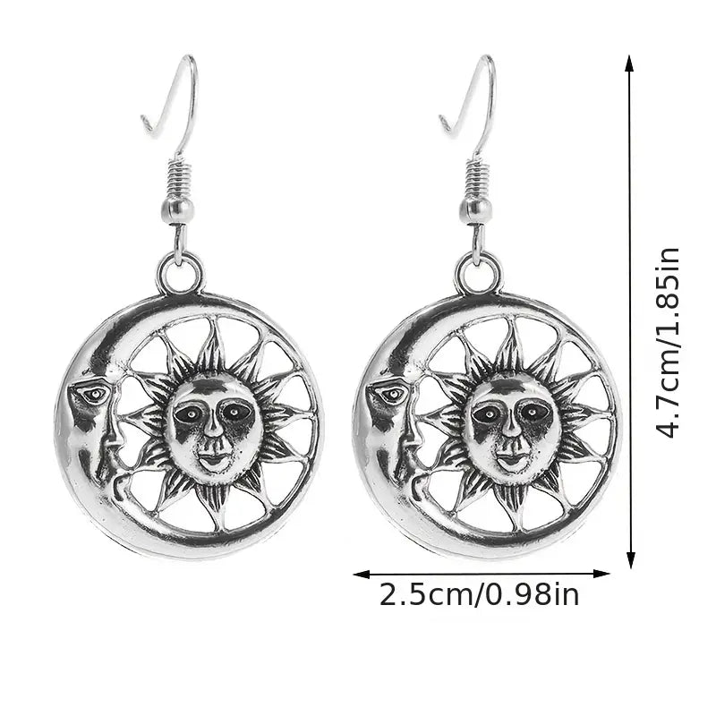 Moon & Sun Shape Drop Earrings Metal Engraving Pendant Hook Earrings - Doylestreasures