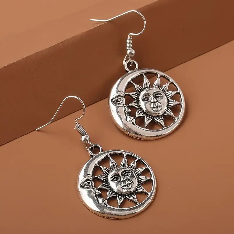 Moon & Sun Shape Drop Earrings Metal Engraving Pendant Hook Earrings - Doylestreasures