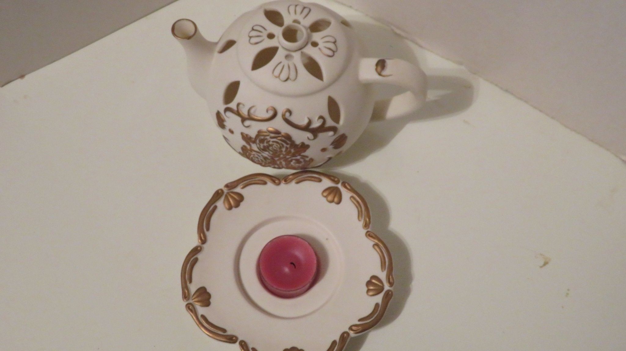 Partylite Tea Time Teapot Candle Holder Votive Lite Tealight Ivory Bisque Roses - Doylestreasures