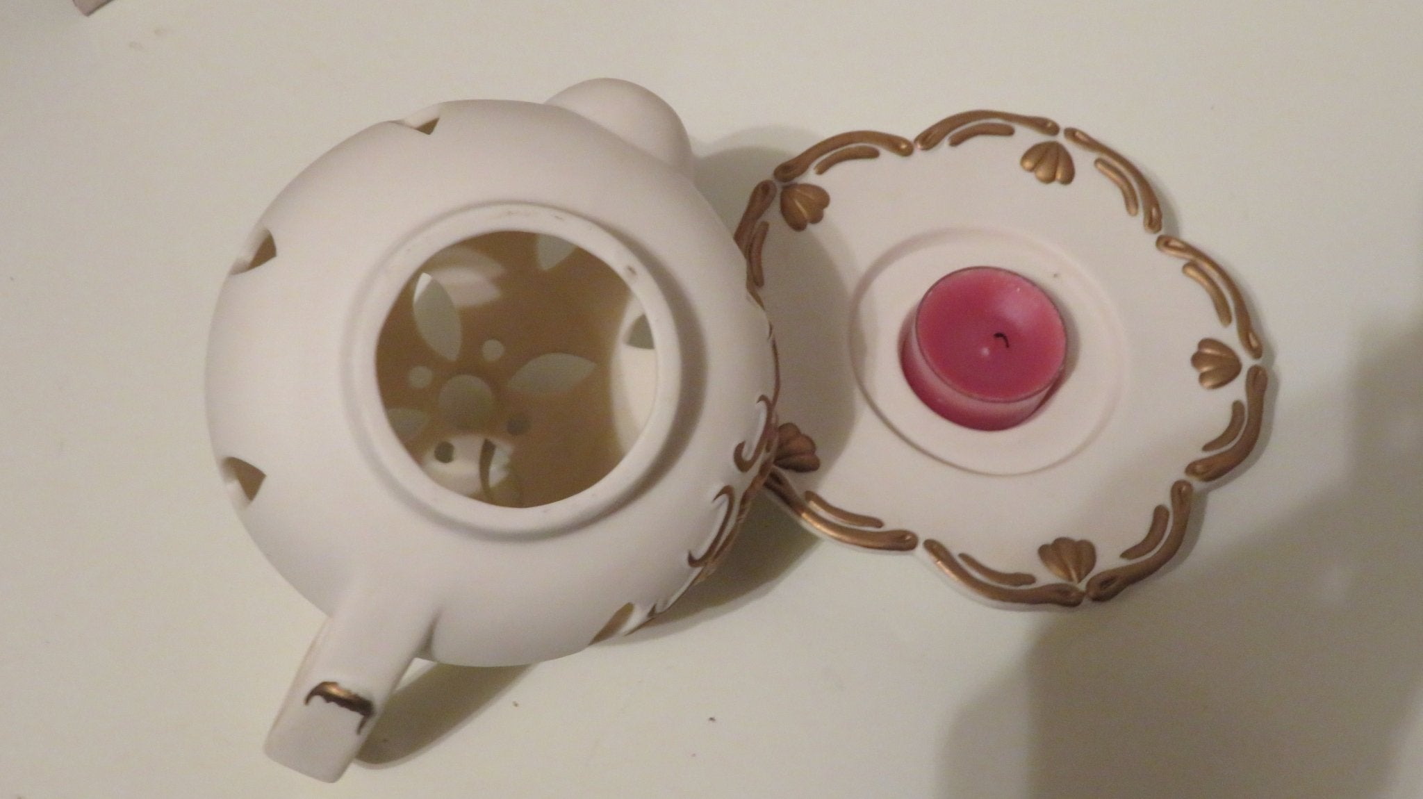 Partylite Tea Time Teapot Candle Holder Votive Lite Tealight Ivory Bisque Roses - Doylestreasures