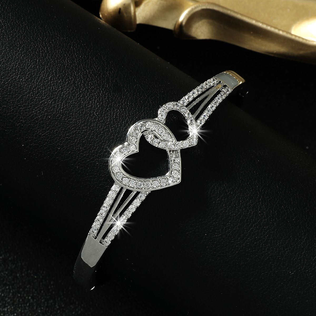 Romantic Cuff Bangle Bracelet Double Hollow Heart Shape With Full Of Shiny Zircon Bangle Bracelet For Women & Girls Valentine's Day Present - Doylestreasures