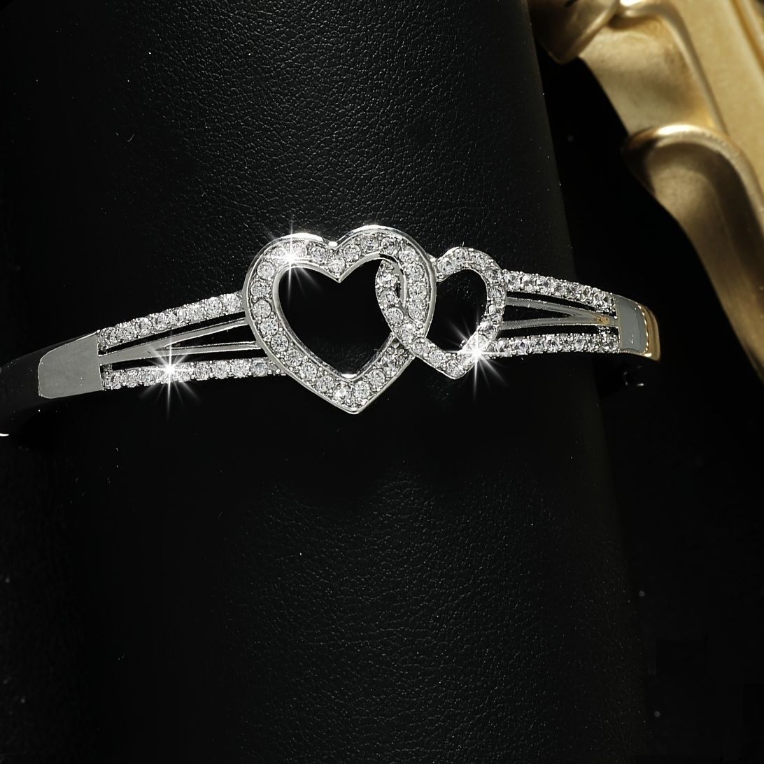 Romantic Cuff Bangle Bracelet Double Hollow Heart Shape With Full Of Shiny Zircon Bangle Bracelet For Women & Girls Valentine's Day Present - Doylestreasures