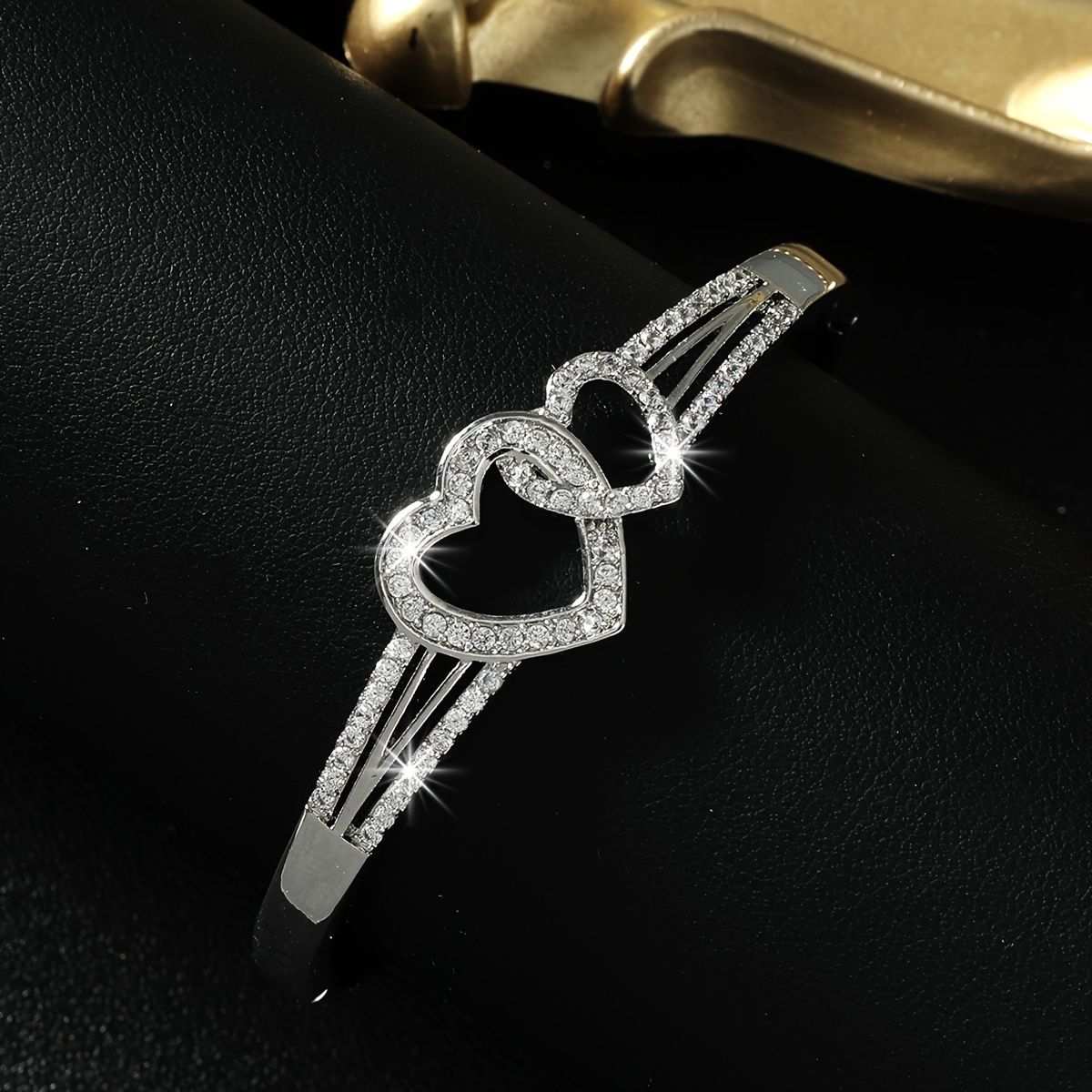 Romantic Cuff Bangle Bracelet Double Hollow Heart Shape With Full Of Shiny Zircon Bangle Bracelet For Women & Girls Valentine's Day Present - Doylestreasures