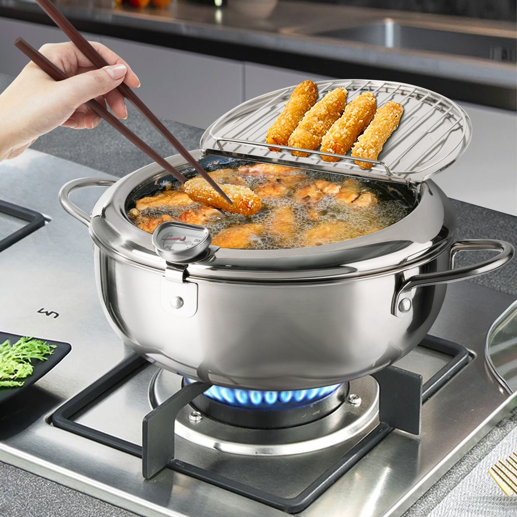 Silver Stainless Steel Deep Fryer with Built - in Dial Thermometer - 9.5 inch (24cm) & 11 inch (28cm) Size - Doylestreasures