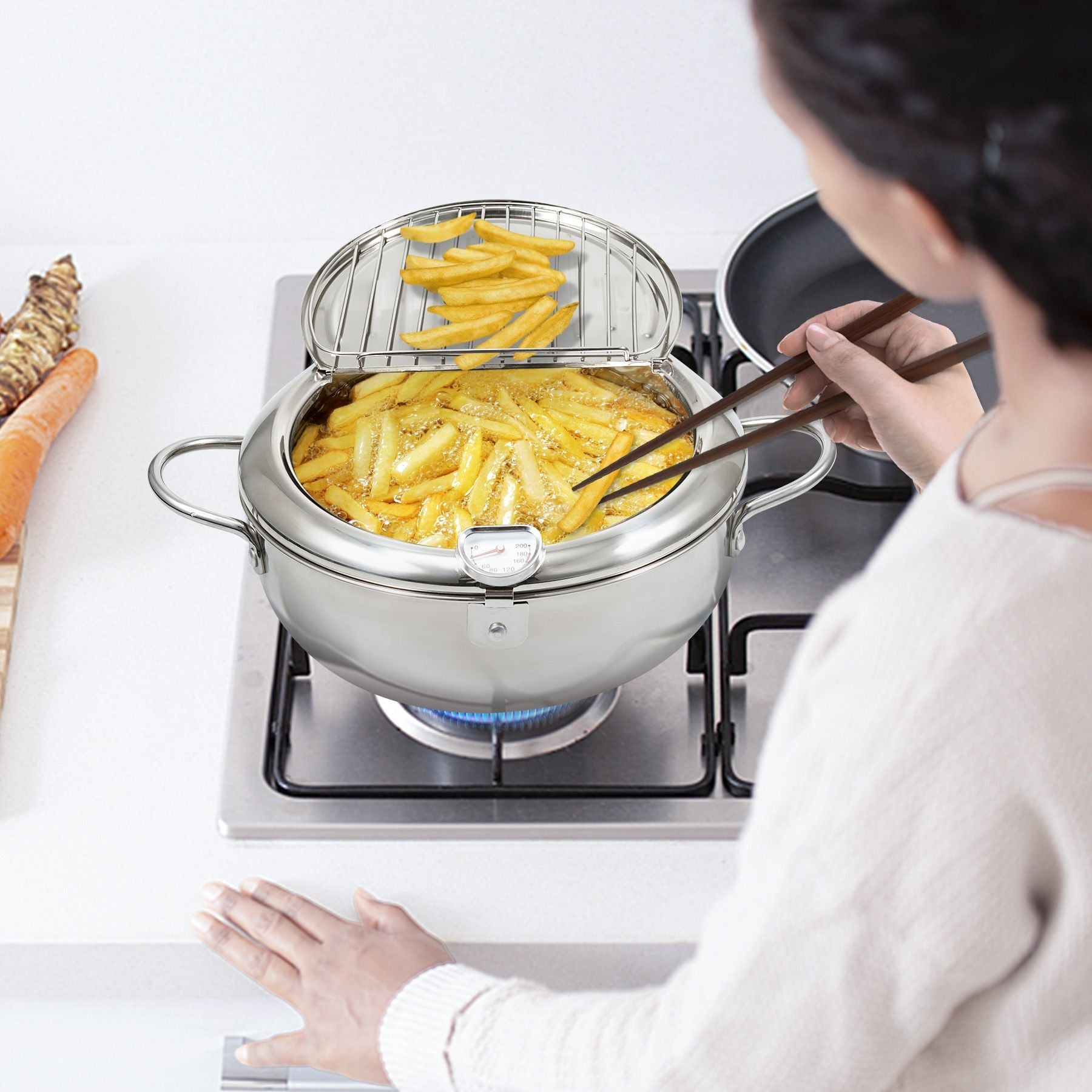 Silver Stainless Steel Deep Fryer with Built - in Dial Thermometer - 9.5 inch (24cm) & 11 inch (28cm) Size - Doylestreasures