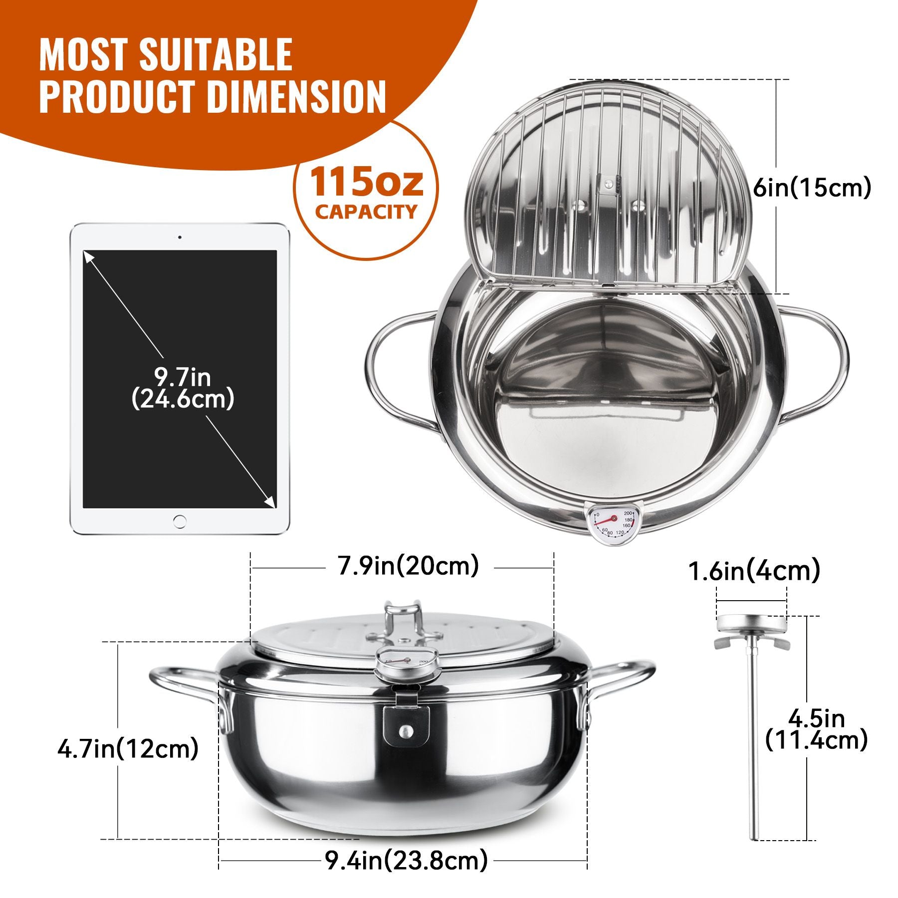 Silver Stainless Steel Deep Fryer with Built - in Dial Thermometer - 9.5 inch (24cm) & 11 inch (28cm) Size - Doylestreasures