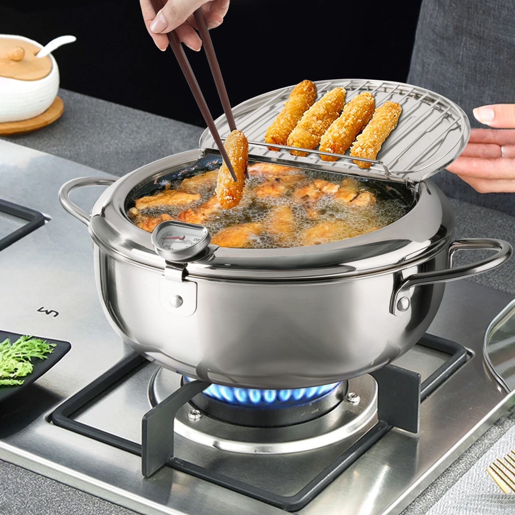 Silver Stainless Steel Deep Fryer with Built - in Dial Thermometer - 9.5 inch (24cm) & 11 inch (28cm) Size - Doylestreasures
