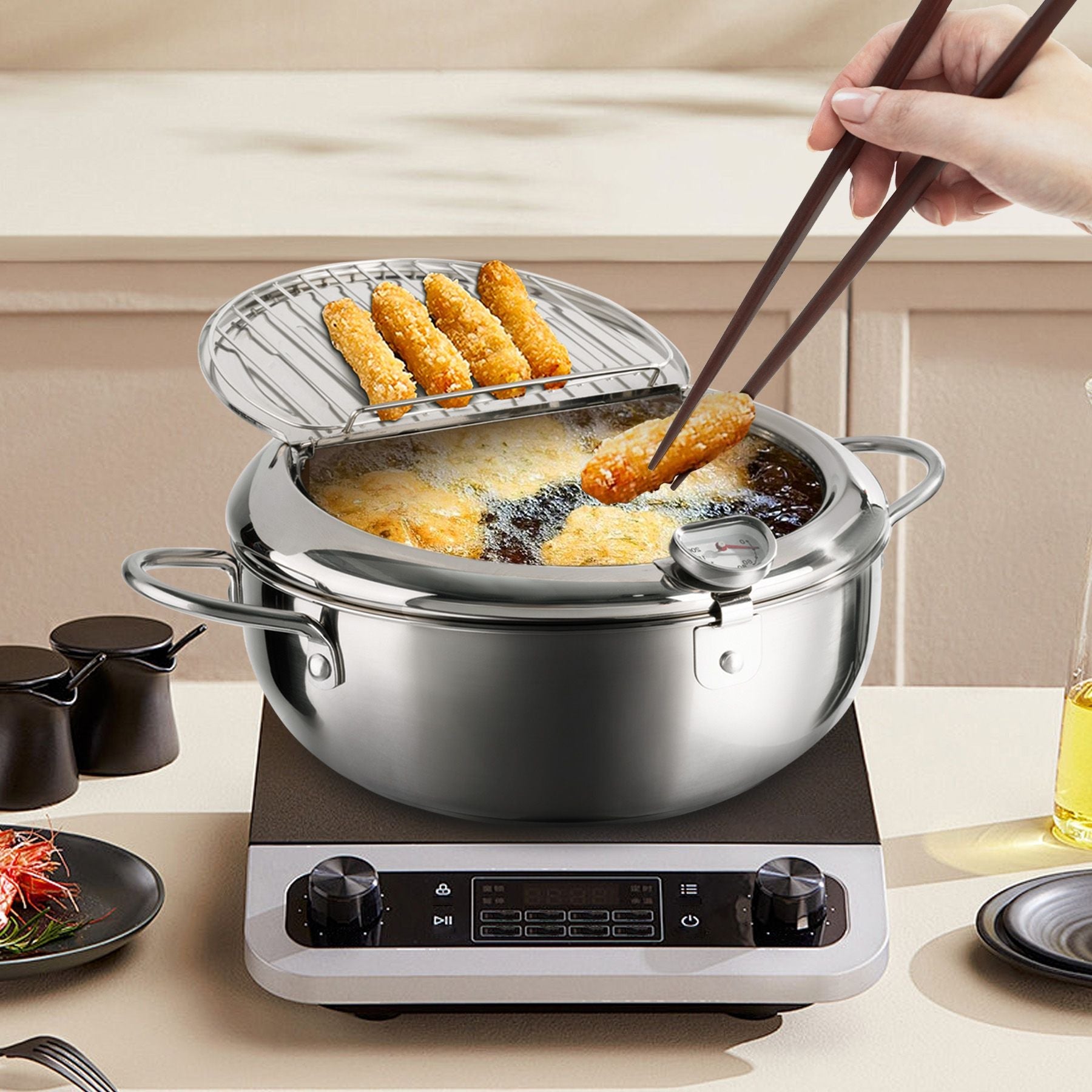 Silver Stainless Steel Deep Fryer with Built - in Dial Thermometer - 9.5 inch (24cm) & 11 inch (28cm) Size - Doylestreasures