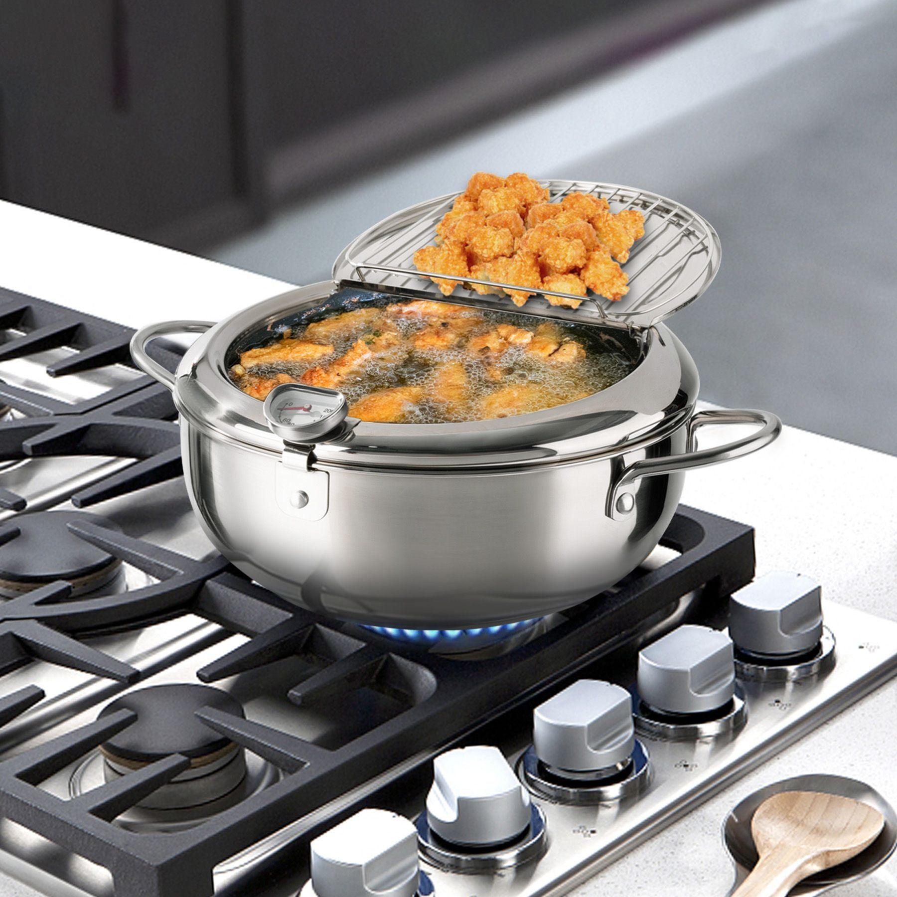 Silver Stainless Steel Deep Fryer with Built - in Dial Thermometer - 9.5 inch (24cm) & 11 inch (28cm) Size - Doylestreasures