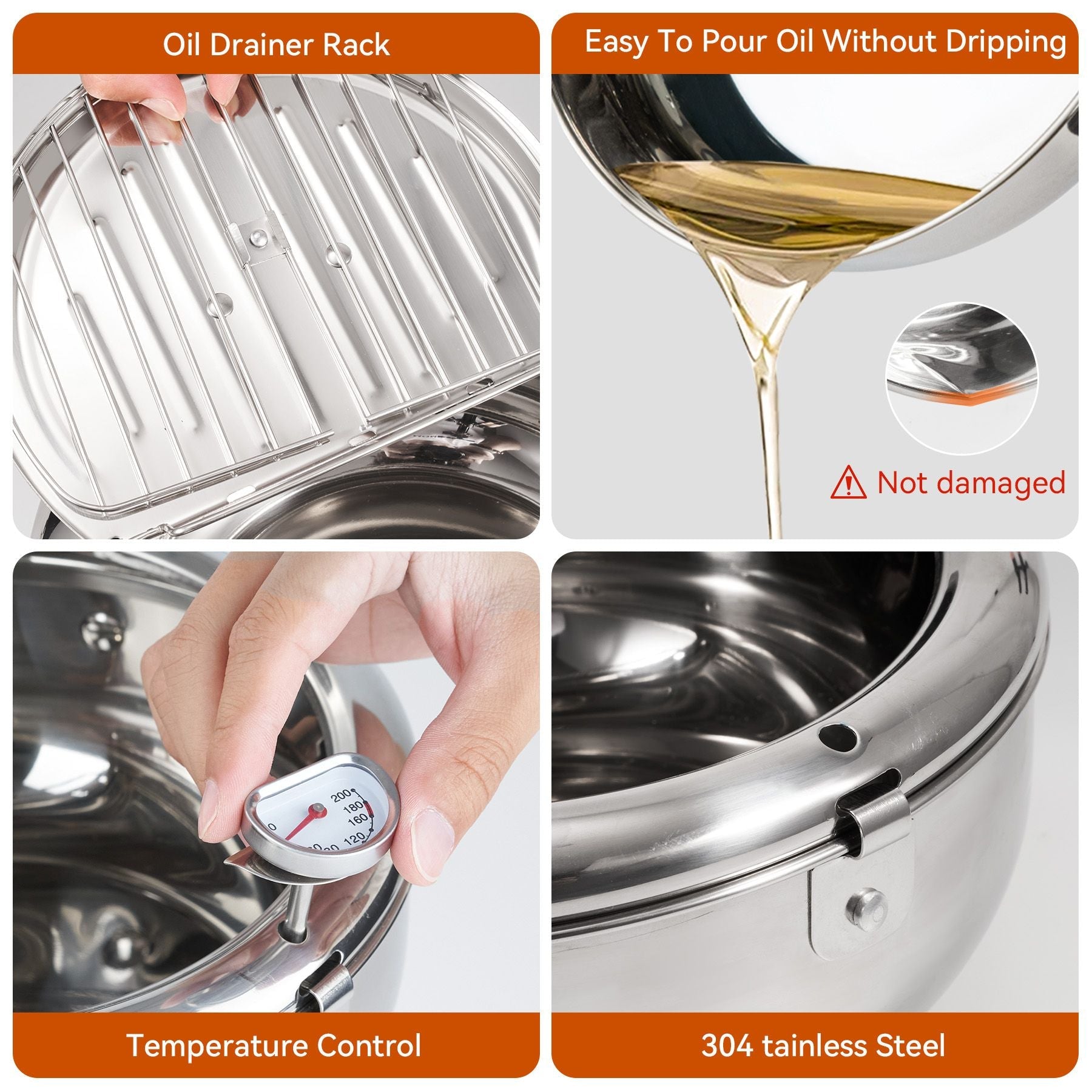Silver Stainless Steel Deep Fryer with Built - in Dial Thermometer - 9.5 inch (24cm) & 11 inch (28cm) Size - Doylestreasures