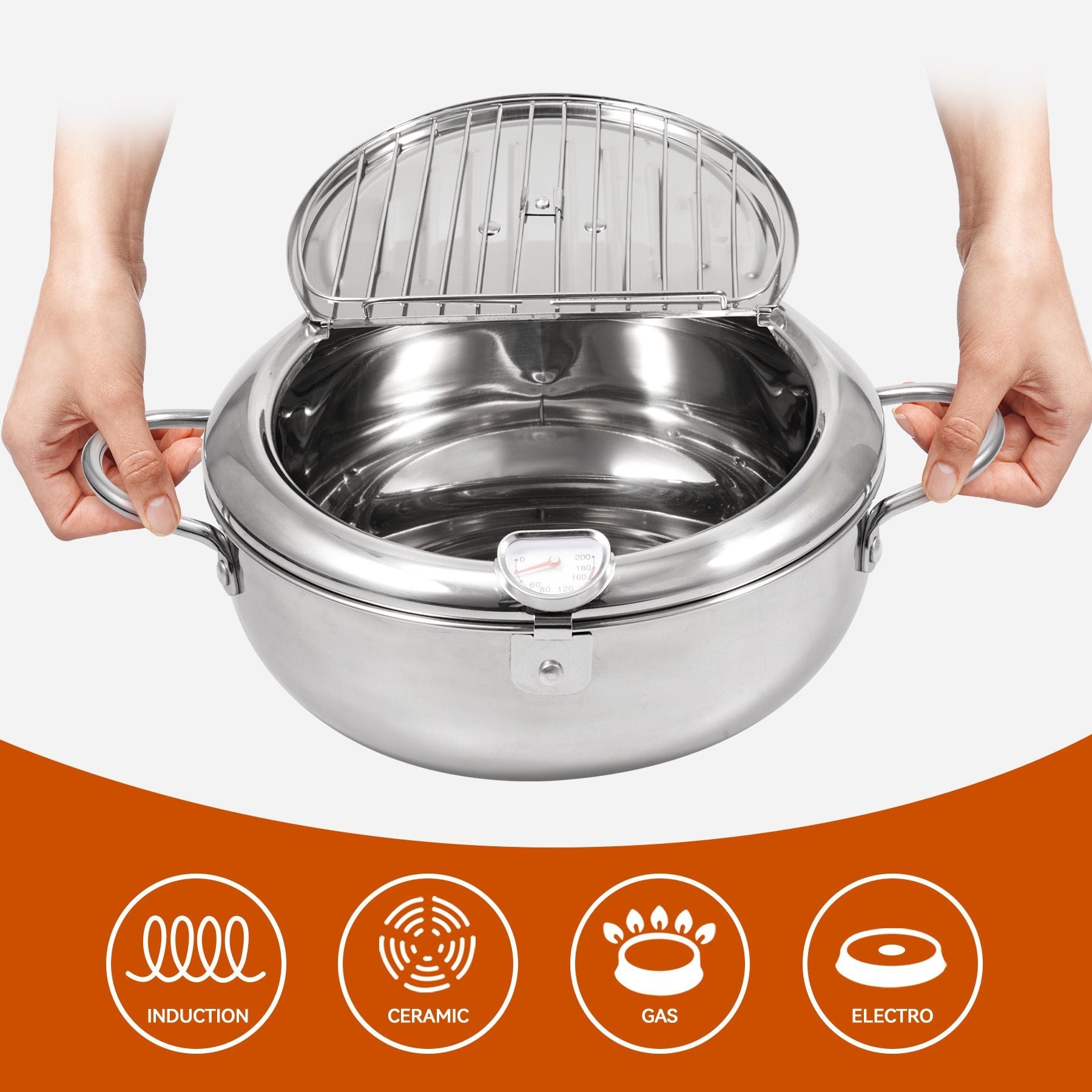 Silver Stainless Steel Deep Fryer with Built - in Dial Thermometer - 9.5 inch (24cm) & 11 inch (28cm) Size - Doylestreasures