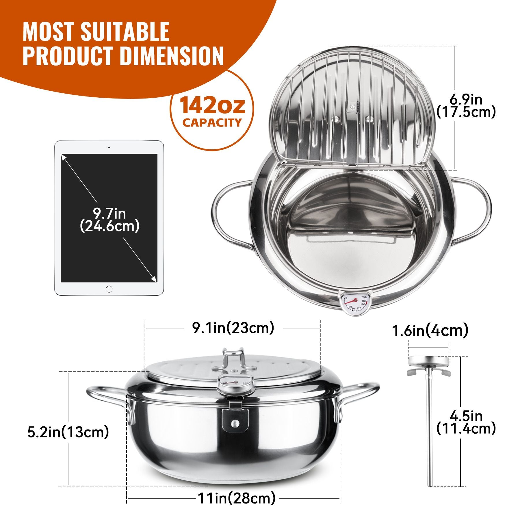Silver Stainless Steel Deep Fryer with Built - in Dial Thermometer - 9.5 inch (24cm) & 11 inch (28cm) Size - Doylestreasures