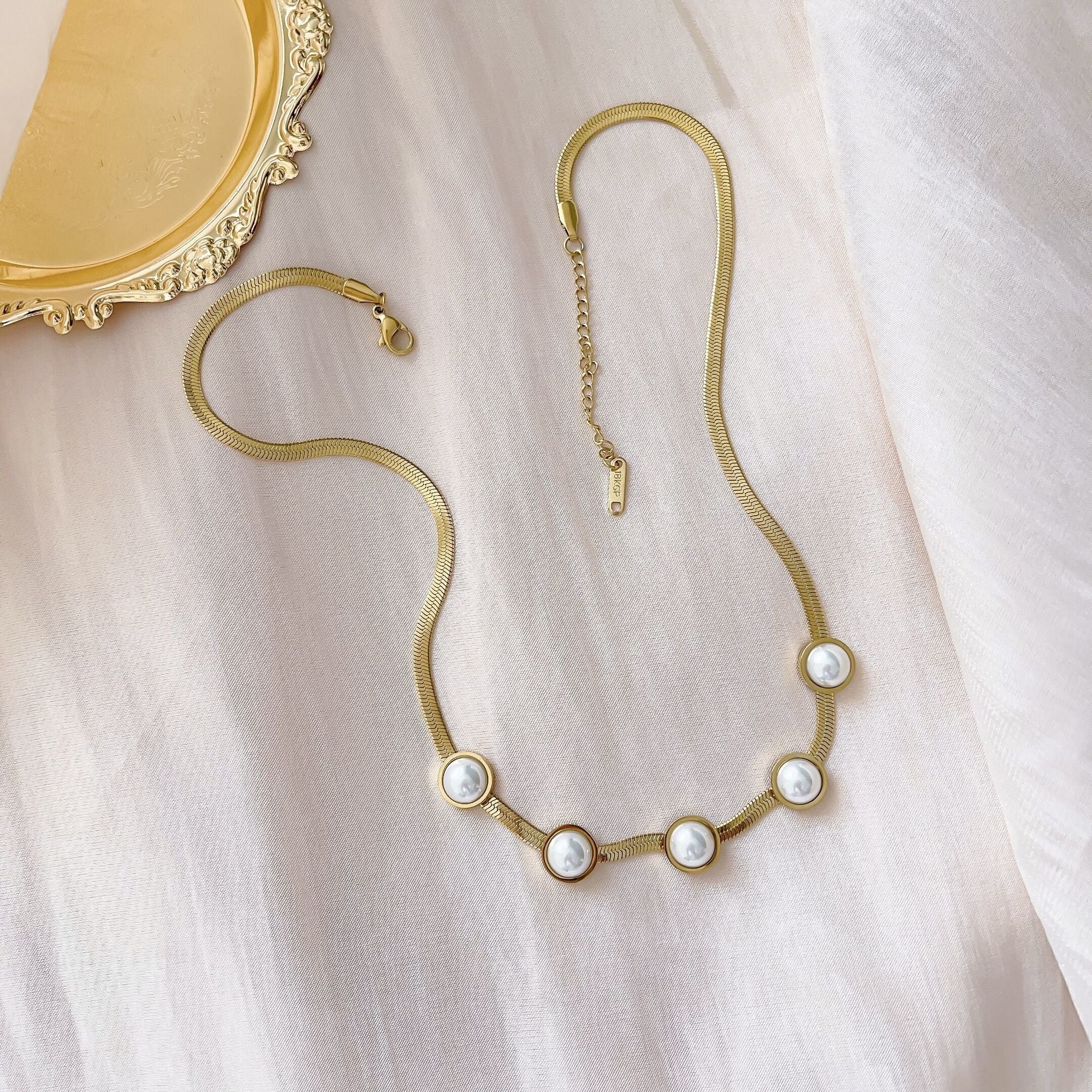 Titanium Steel Necklace Snake Chain With White Freshwater Pearl 18K Gold Plated Jewelry - Doylestreasures
