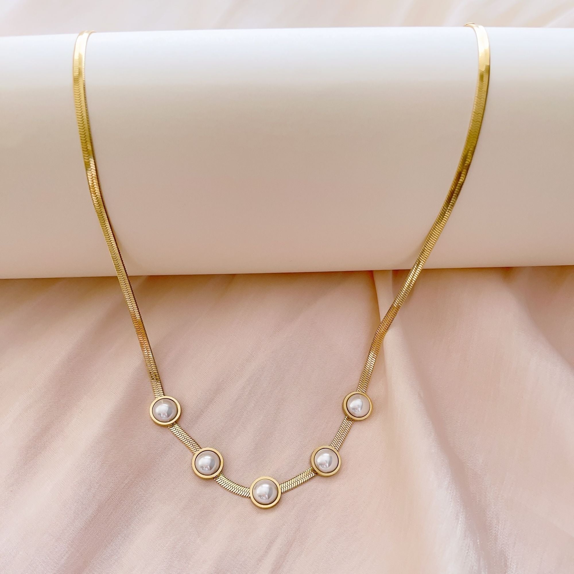 Titanium Steel Necklace Snake Chain With White Freshwater Pearl 18K Gold Plated Jewelry - Doylestreasures