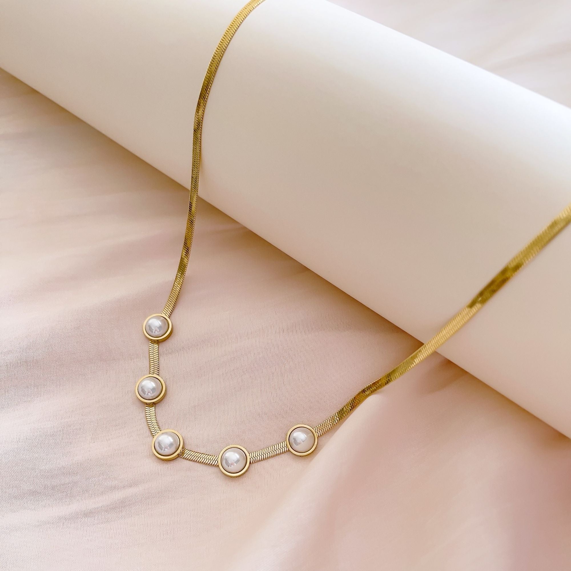 Titanium Steel Necklace Snake Chain With White Freshwater Pearl 18K Gold Plated Jewelry - Doylestreasures
