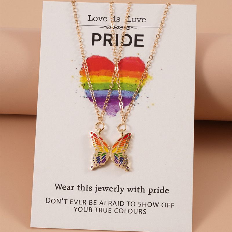 Trendy Rainbow Butterfly Pendant Necklace Set for Women Couple Pride Lgbt Tai Chi Enamel Choker Chain Party Friends Jewelry Gift - Doylestreasures