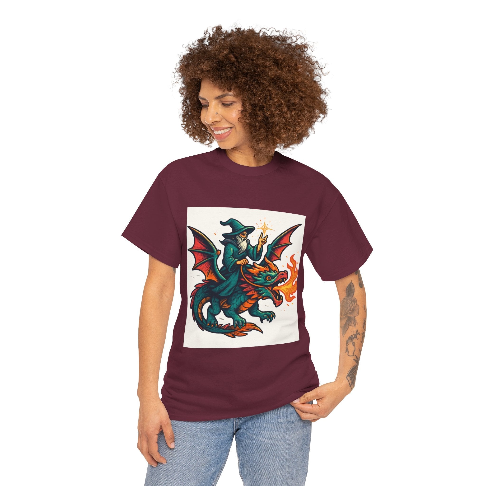 Whimsical Dragon Rider Tee | Unisex Heavy Cotton Shirt, Fantasy Apparel, Dungeons & Dragons Shirt, Unique Gift, Magical Tee - Doylestreasures