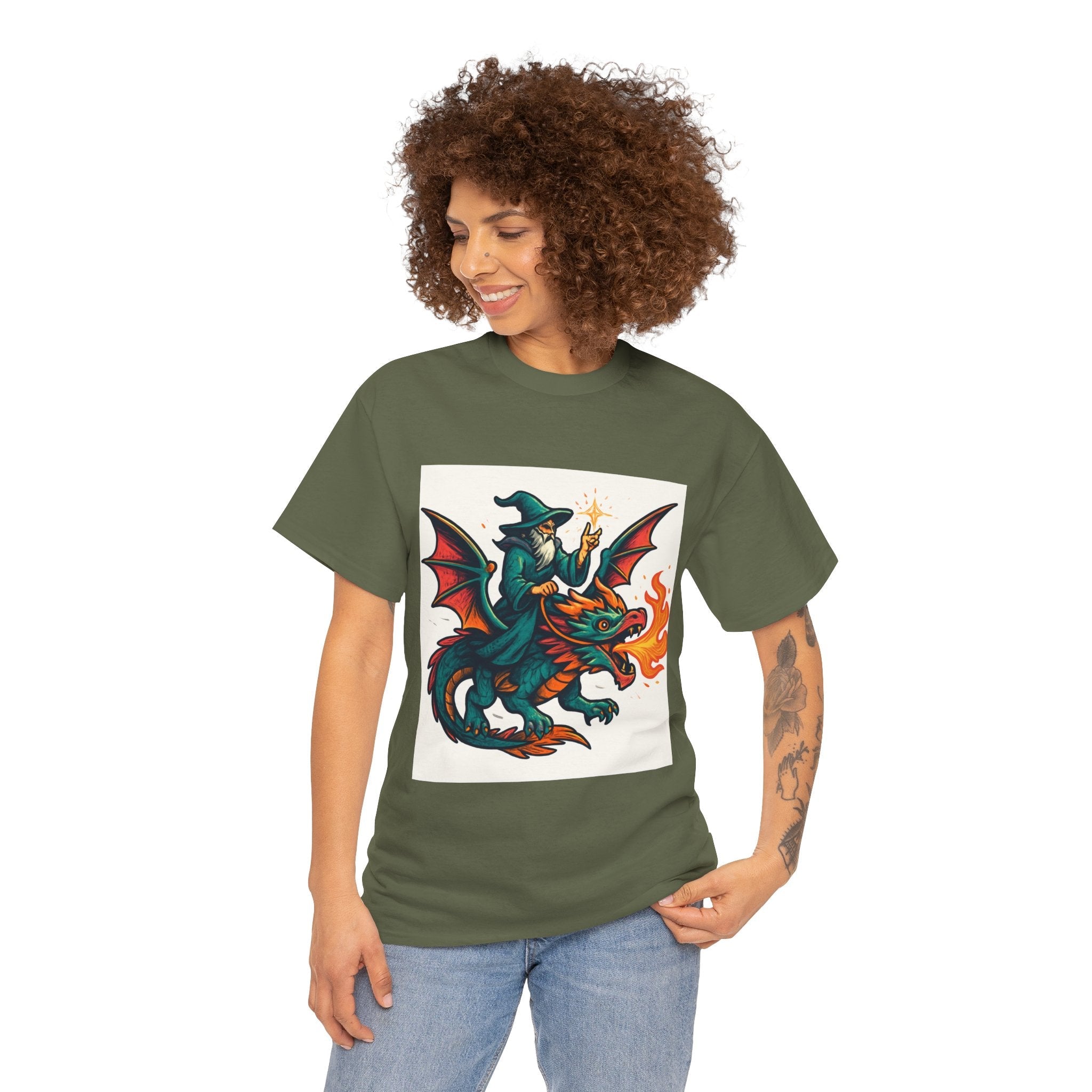 Whimsical Dragon Rider Tee | Unisex Heavy Cotton Shirt, Fantasy Apparel, Dungeons & Dragons Shirt, Unique Gift, Magical Tee - Doylestreasures