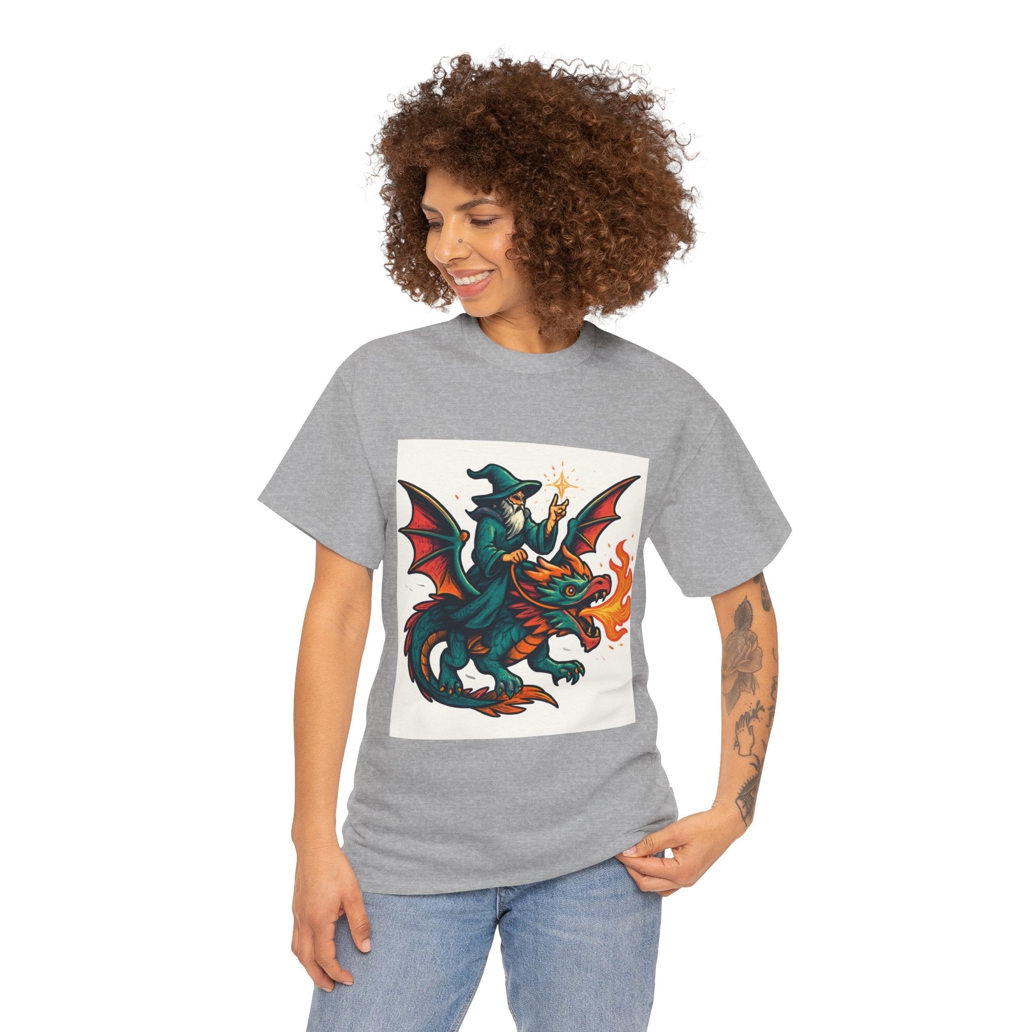 Whimsical Dragon Rider Tee | Unisex Heavy Cotton Shirt, Fantasy Apparel, Dungeons & Dragons Shirt, Unique Gift, Magical Tee - Doylestreasures