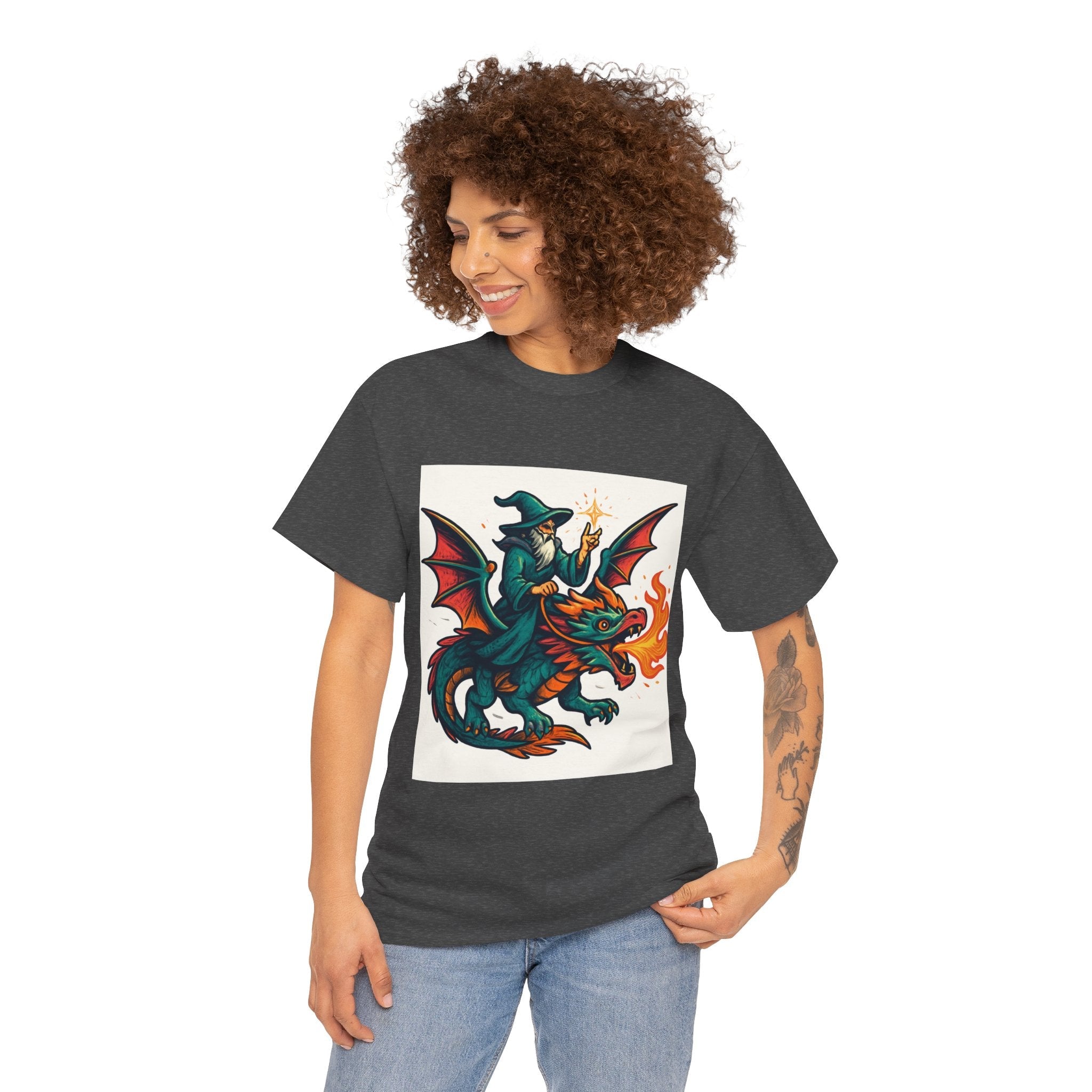 Whimsical Dragon Rider Tee | Unisex Heavy Cotton Shirt, Fantasy Apparel, Dungeons & Dragons Shirt, Unique Gift, Magical Tee - Doylestreasures