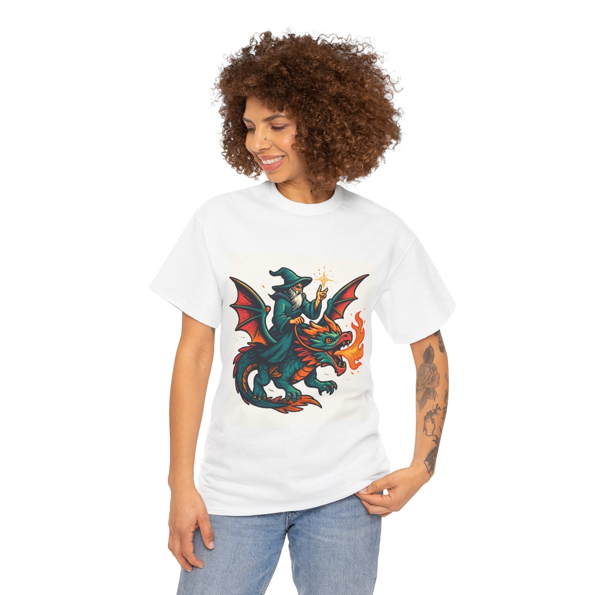Whimsical Dragon Rider Tee | Unisex Heavy Cotton Shirt, Fantasy Apparel, Dungeons & Dragons Shirt, Unique Gift, Magical Tee - Doylestreasures